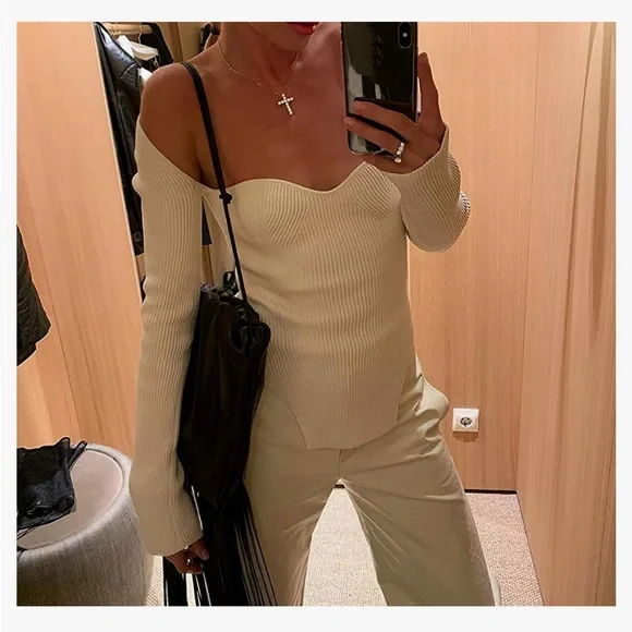 White Square Neck Ribbed Knitted Long Sleeve Sweater NWT - Picture 5 of 7